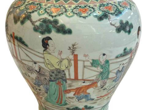 Large antique Chinese famille verte/rose vase with continuous decoration of female and boy figures, 30cm. thumbnail