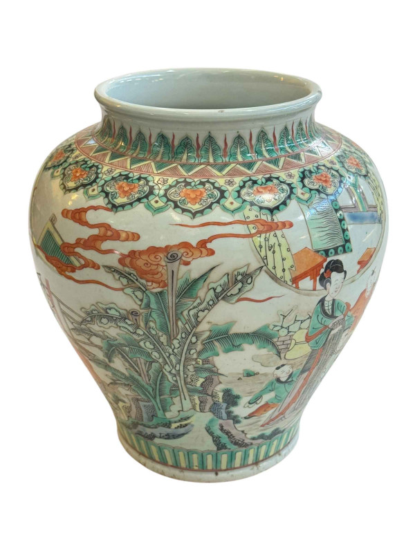 Large antique Chinese famille verte/rose vase with continuous decoration of female and boy figures, 30cm.