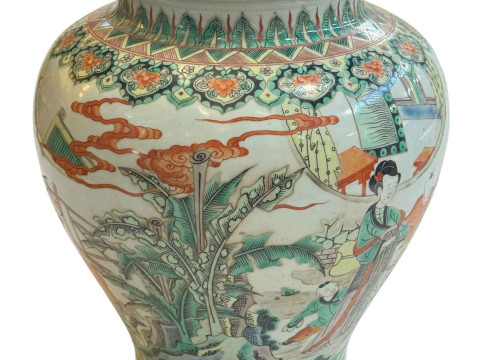 Large antique Chinese famille verte/rose vase with continuous decoration of female and boy figures, 30cm. thumbnail