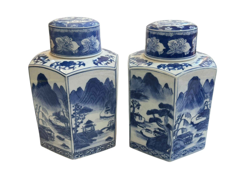 Pair of Chinese hexagonal blue and white lidded canisters decorated with landscape scenes, 27cm.