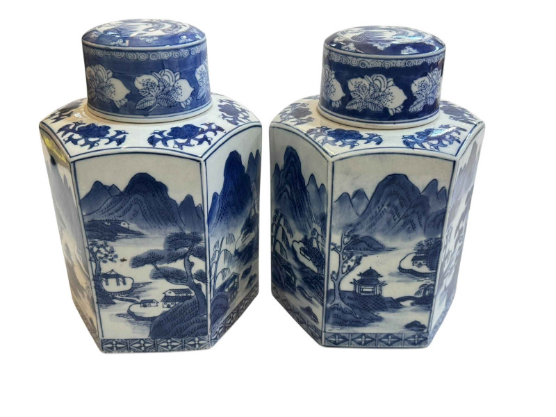Pair of Chinese hexagonal blue and white lidded canisters decorated with landscape scenes, 27cm.