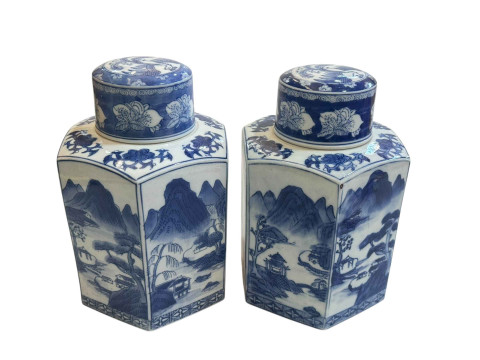 Pair of Chinese hexagonal blue and white lidded canisters decorated with landscape scenes, 27cm. thumbnail