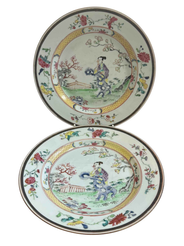 Pair of Chinese export famille rose plates, 18th Century Yongzheng period.