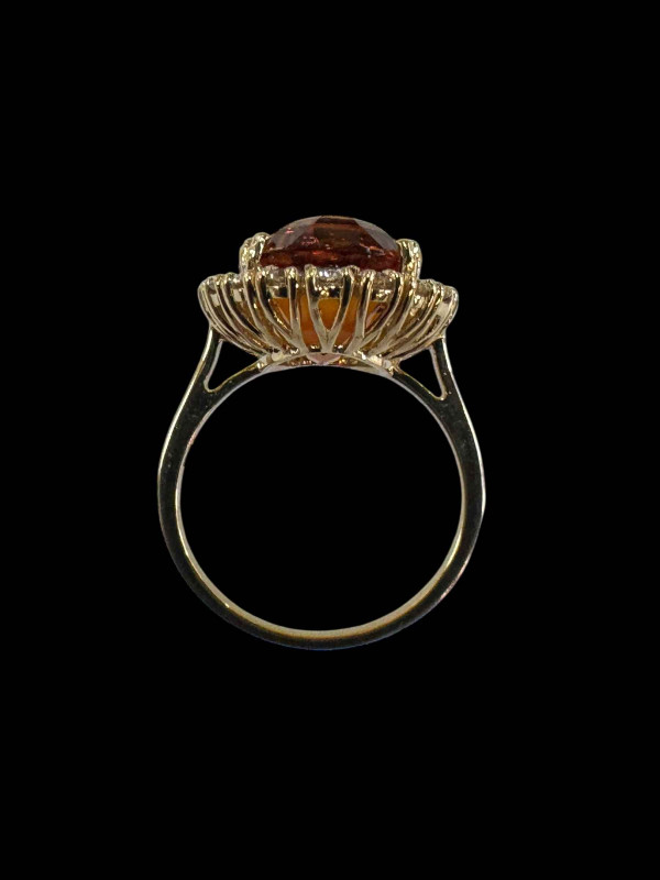 Golden citrine and diamond cluster ring set in 18 carat yellow gold (citrine over 7.5 carats), size N.