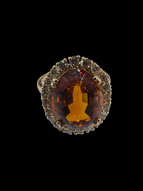 Golden citrine and diamond cluster ring set in 18 carat yellow gold (citrine over 7.5 carats), size N.