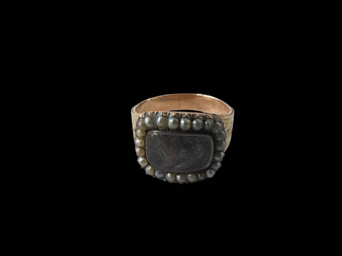 Early 19th Century gold mourning ring with seed pearls and hair locket, inscribed Lucas 1814, size P. thumbnail