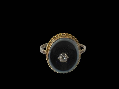 Early 19th Century gold mourning ring with diamond on onyx and hair locket, inscribed John Birket 1819, size R. thumbnail