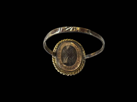 Early 19th Century gold mourning ring with diamond on onyx and hair locket, inscribed John Birket 1819, size R. thumbnail