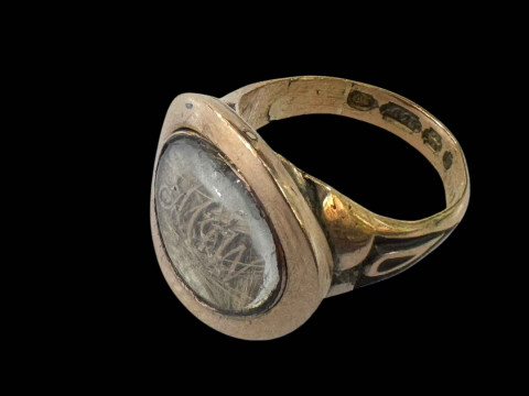 Early 19th Century 15 carat gold mourning ring with hair locket and monogram, inscribed Wood 1808, size J. thumbnail