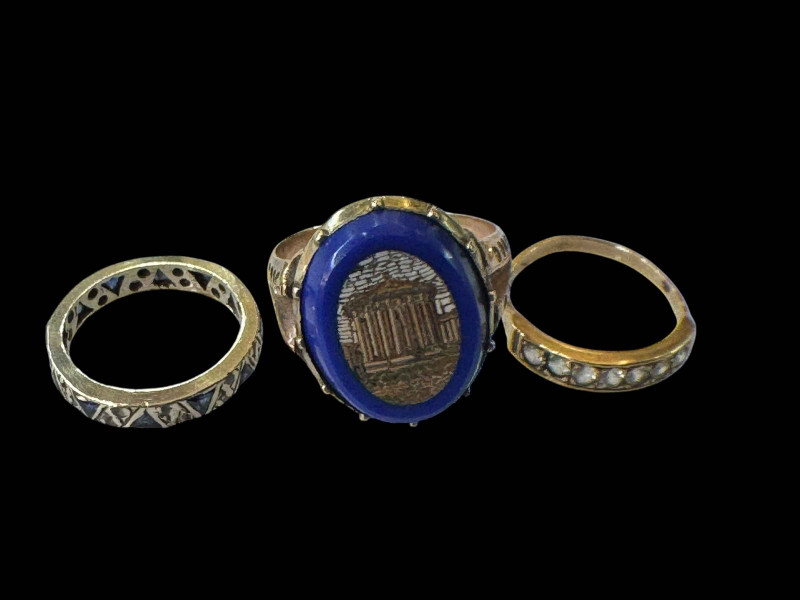 Micro mosaic 9 carat gold ring with Chester hallmark and two 9 carat gold rings (3).
