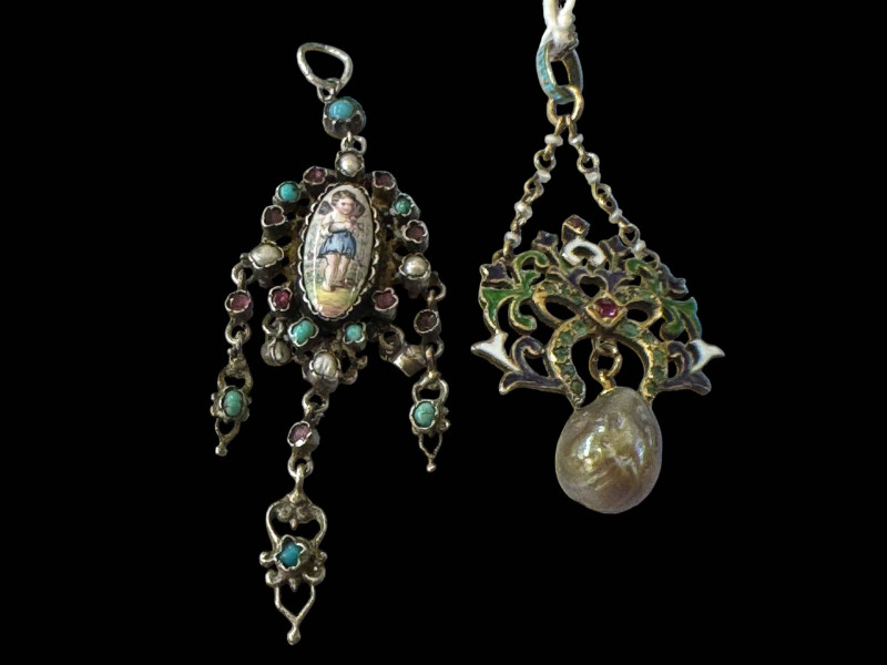 Two Austro Hungarian pendants, one with painted oval miniature, the other enamelled and with chain.