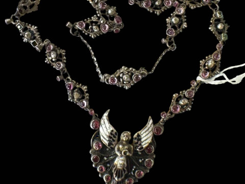 Austro Hungarian necklace with enamel and cabachon gems, boxed.
