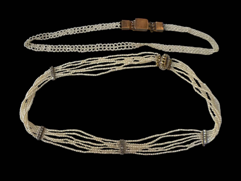 Seed pearl choker with gold clasp and seed pearl multi-strand necklace with diamond set bars and clasp (2).