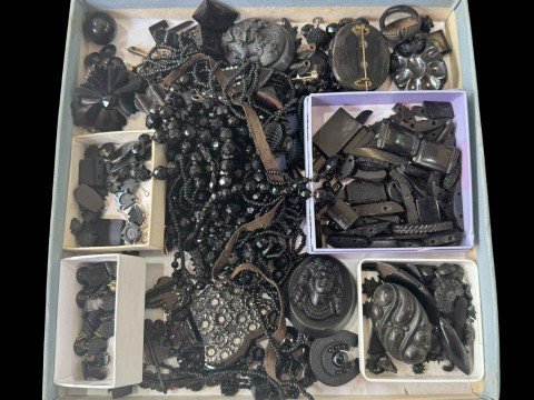 Box with Whitby Jet and jewellery.