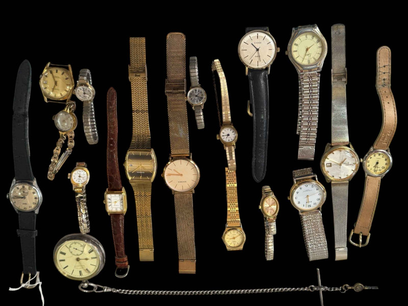 Gents silver pocket watch with albert, vintage Tudor wristwatch, and box of watches.