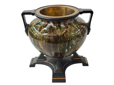 Large and unusual Linthorpe Pottery vase/planter with bronze mounts, number...