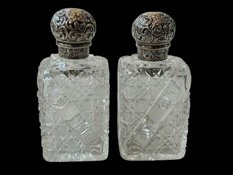 Pair Victorian silver topped crystal scent bottles, London and Birmingham...