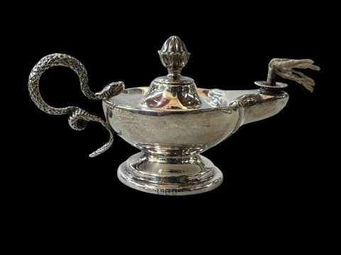 Edwardian silver aladdin's lamp table cigar lighter, with snake handle,...