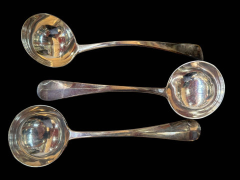 Pair Victorian silver sauce ladles, London 1898, and Eley & Fearn ladle,...