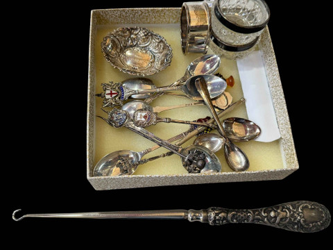 Small box of silver including spoons, napkin ring, bon bon ,etc.