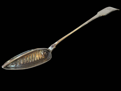 Irish silver straining spoon, R Smith, Dublin 1811, 34cm length.