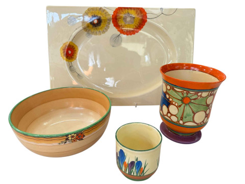 Clarice Cliff broth goblet vase, Rhodanthe Leda shape plate, Holborn fruit...