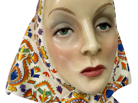 Lenci face mask of a young girl wearing head scarf, 31cm.