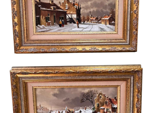 J Beekhout, Snowy Village and Landscape scenes, pair oils on board, both...