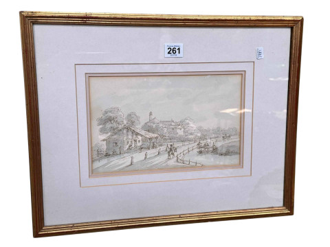 Italian pen and ink of buildings by a river, 16cm by 26cm, in gilt glazed...