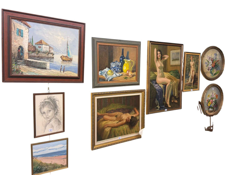 Collection of eleven various pictures including three nude study oils, pair circular Still Life oils, etc.