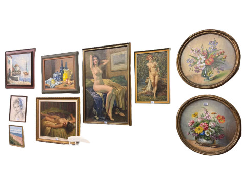 Collection of eleven various pictures including three nude study oils,...
