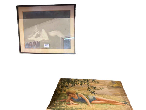 Collection of eleven various pictures including three nude study oils, pair circular Still Life oils, etc. thumbnail