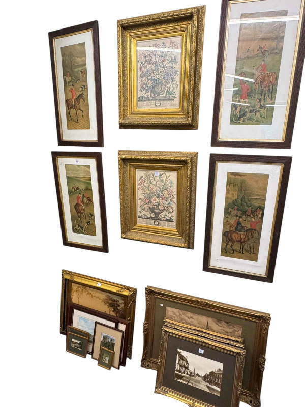 Set of four coloured hunting prints and collection of Darlington photographic prints, coloured etchings, etc.