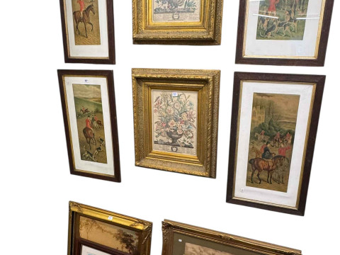 Set of four coloured hunting prints and collection of Darlington photographic...