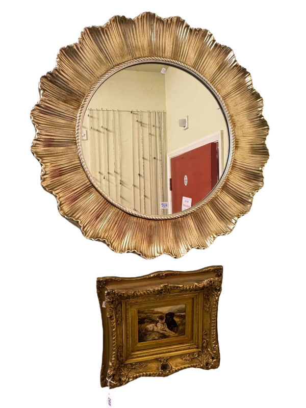Gilt framed reproduction oil of two setters and Laura Ashley sunburst mirror (2).