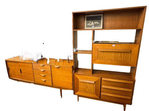 Mid Century teak long john sideboard and teak cocktail wall unit (2).