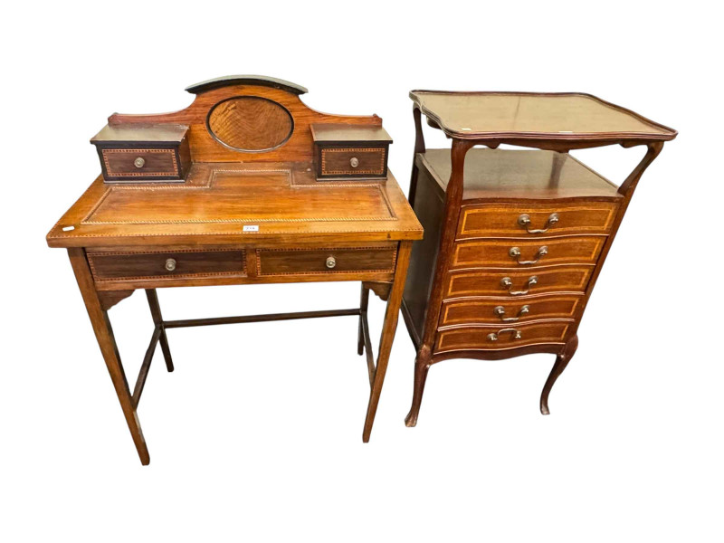 Edwardian mahogany and line inlaid five drawer music cabinet of serpentine form and Edwardian mahogany and chequer inlaid Bonheur du Jour (2).