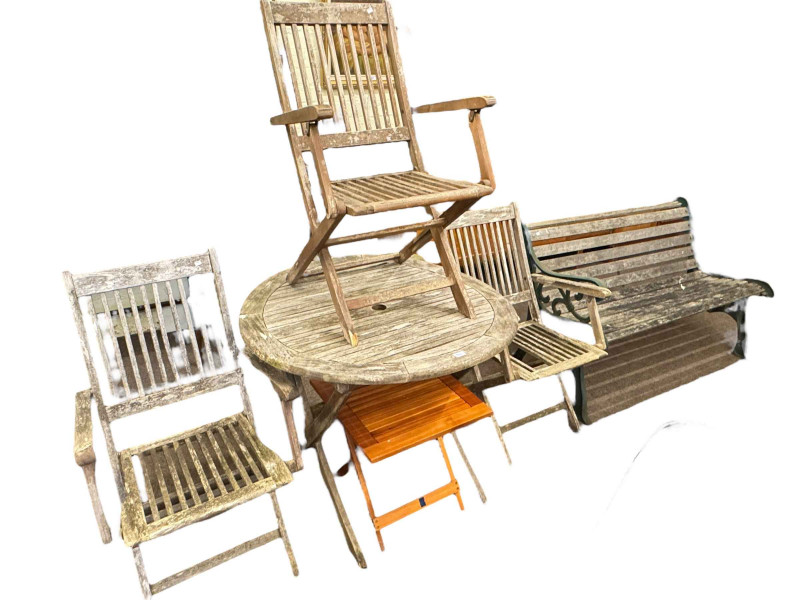 Weathered cast and wood slat garden bench, two patio tables and three folding chairs (6).