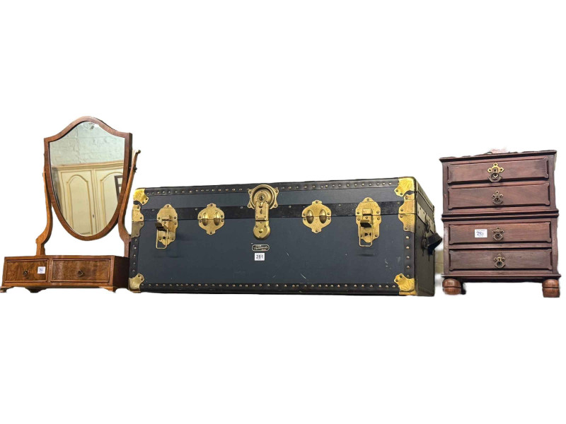 Vintage travelling trunk, mini chest of four drawers and burr walnut two drawer shield shaped toilet mirror (3).