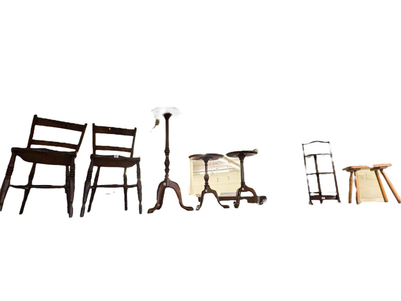 Pair Victorian farmhouse kitchen chairs, three tripod tables, rustic stool and three tier cakestand (7).