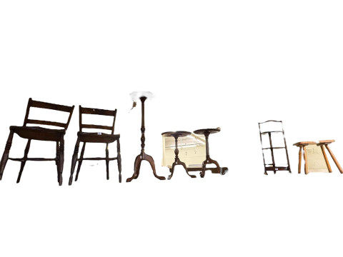 Pair Victorian farmhouse kitchen chairs, three tripod tables, rustic stool...
