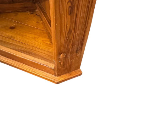 Derek 'Lizardman' Slater pair stained pine open corner wall cabinets 90cm, along with a 'Lizardman' octagonal pine low centre table(3). thumbnail