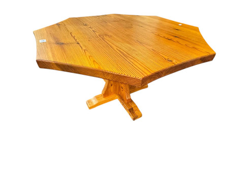 Derek 'Lizardman' Slater pair stained pine open corner wall cabinets 90cm, along with a 'Lizardman' octagonal pine low centre table(3). thumbnail
