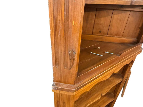 Derek 'Lizardman' Slater pair stained pine open corner wall cabinets 90cm, along with a 'Lizardman' octagonal pine low centre table(3). thumbnail