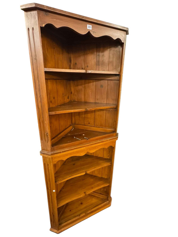 Derek 'Lizardman' Slater pair stained pine open corner wall cabinets 90cm, along with a 'Lizardman' octagonal pine low centre table(3).