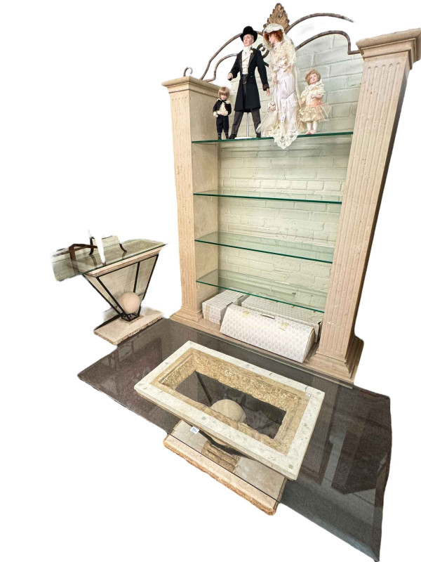 Contemporary composite open display unit with glass shelves, 221cm by 149cm by 55cm, and two composite glass topped rectangular tables (3).
