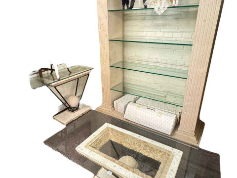 Contemporary composite open display unit with glass shelves, 221cm by...