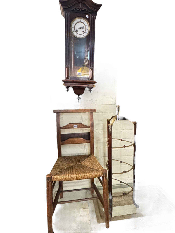 Rush seated chapel chair, Victorian regulator wall clock and three tier cakestand (lacking plates) (3).