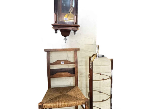 Rush seated chapel chair, Victorian regulator wall clock and three tier...