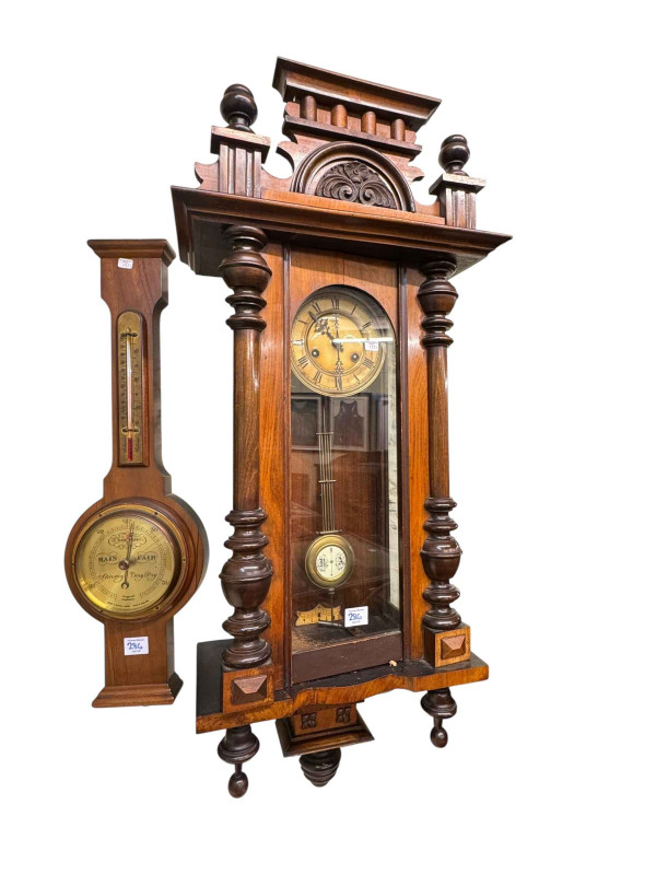Dome topped two door open bookcase, Victorian walnut Vienna wall clock and Short & Mason barometer (3).